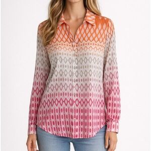 Chico's‎ Cotton Button Up Shirt Large Pink Orange Ombre Ikat Print Resort Casual